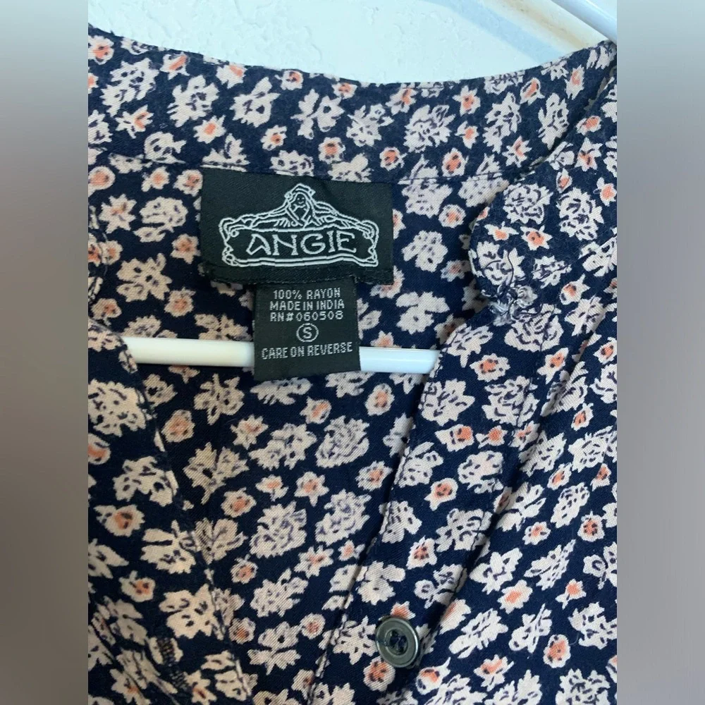 Angie Blue floral deep v mini dress ruffle sleeves sz Small summer boho flowy